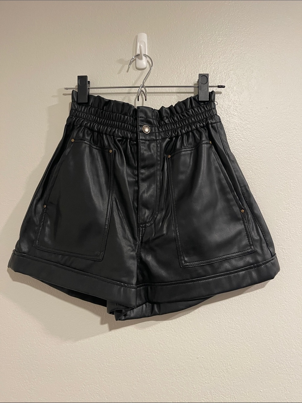 Zara • Black High-Waist Faux Leather Paperbag Shorts